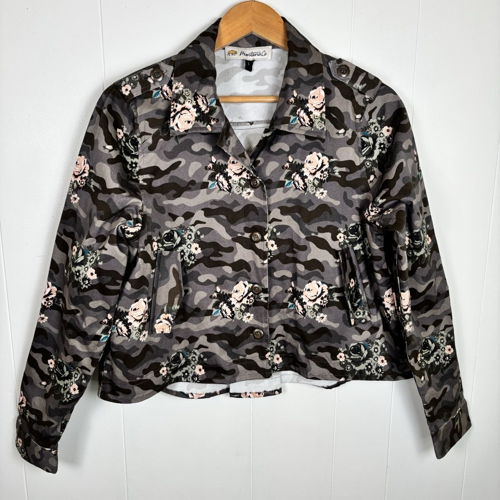Montana‎ Co. Womens Large Jacket Gray Pink Camo Floral Crop Stretch Button Down